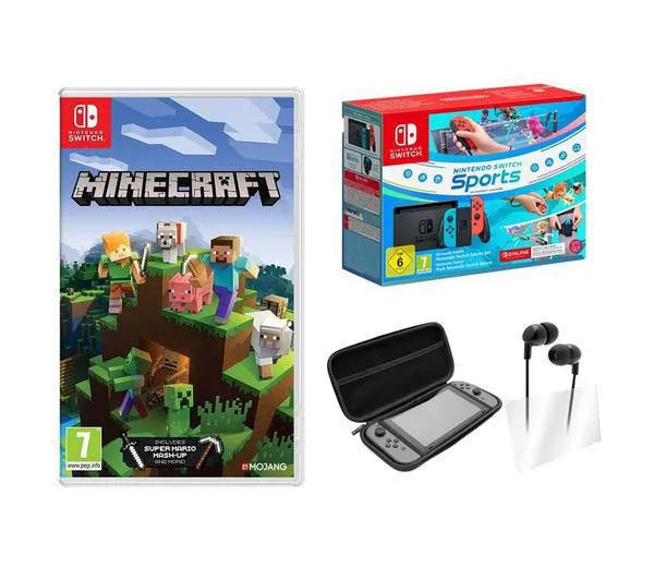 NINTENDO Switch (Red and Blue), Nintendo Switch Sports, 3 Month Online Subscription, VS4793 Starter Kit & Minecraft Bundle