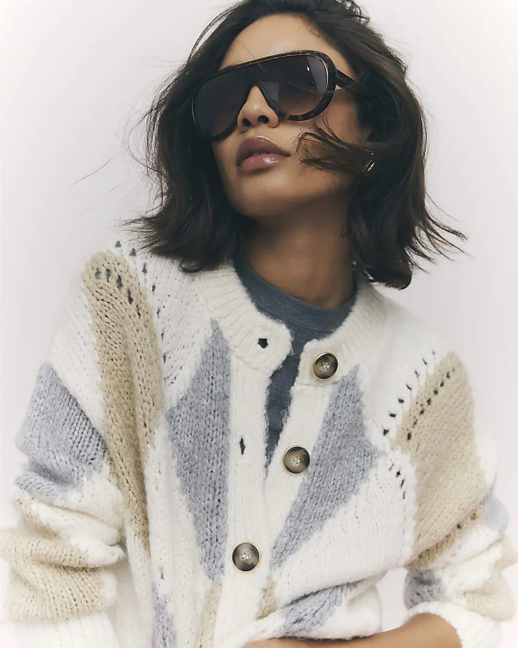 Cream Argyle Chunky Knitted Cardigan