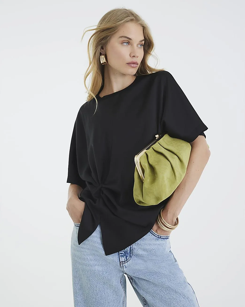 Black Short Sleeve Knot Front Top