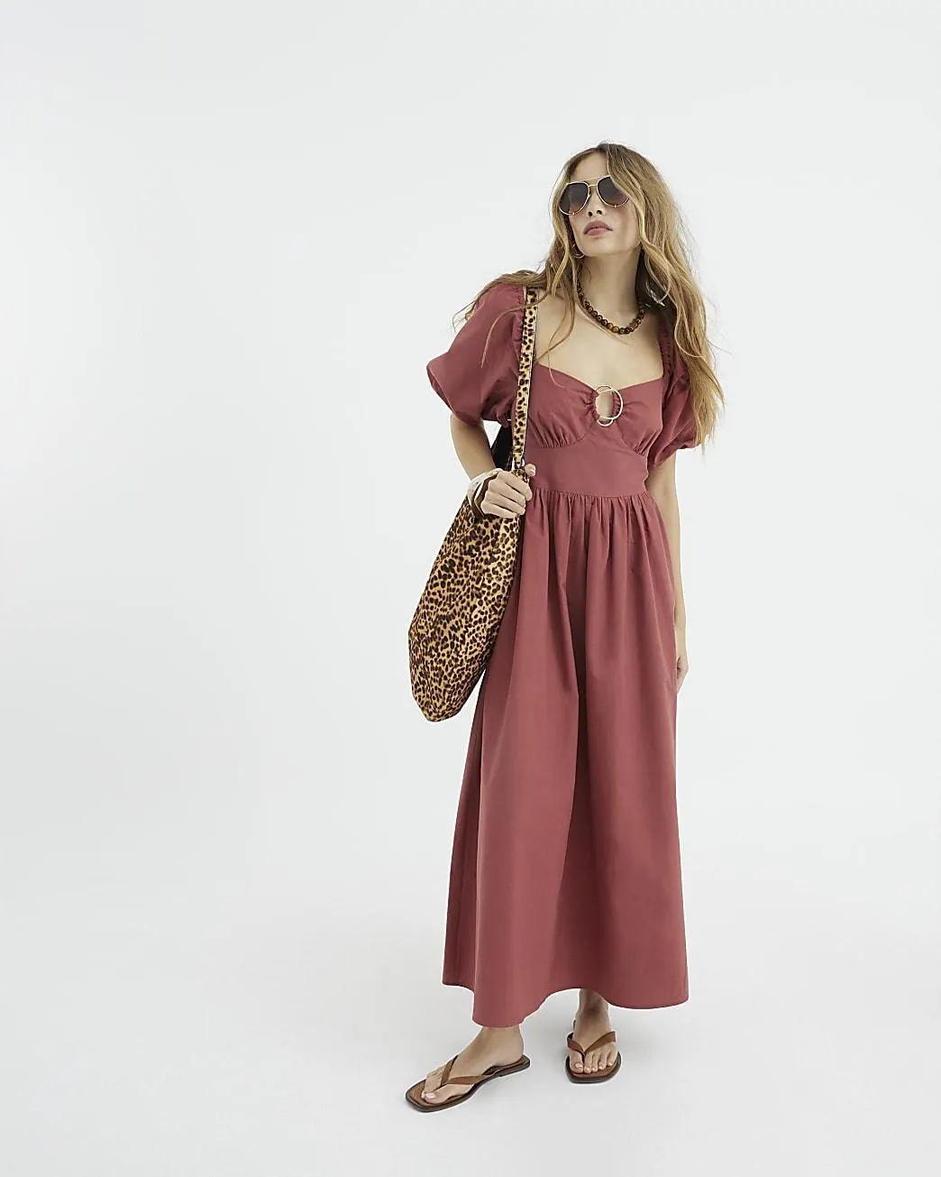 Red Short Sleeve Gold Detail Midi Dress