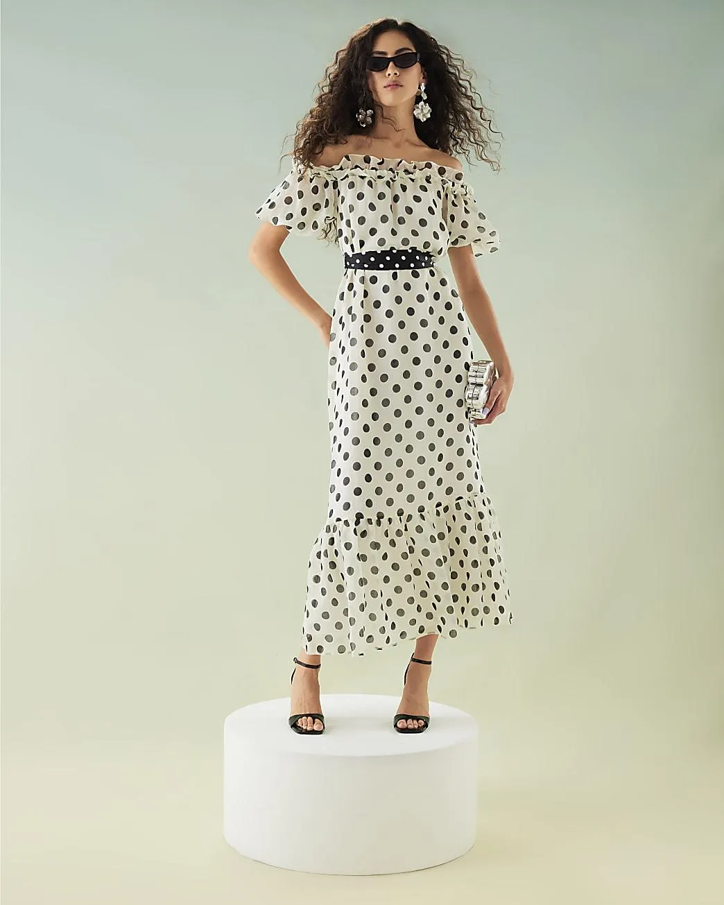 White Polka Dot Tiered Bardot Maxi Dress