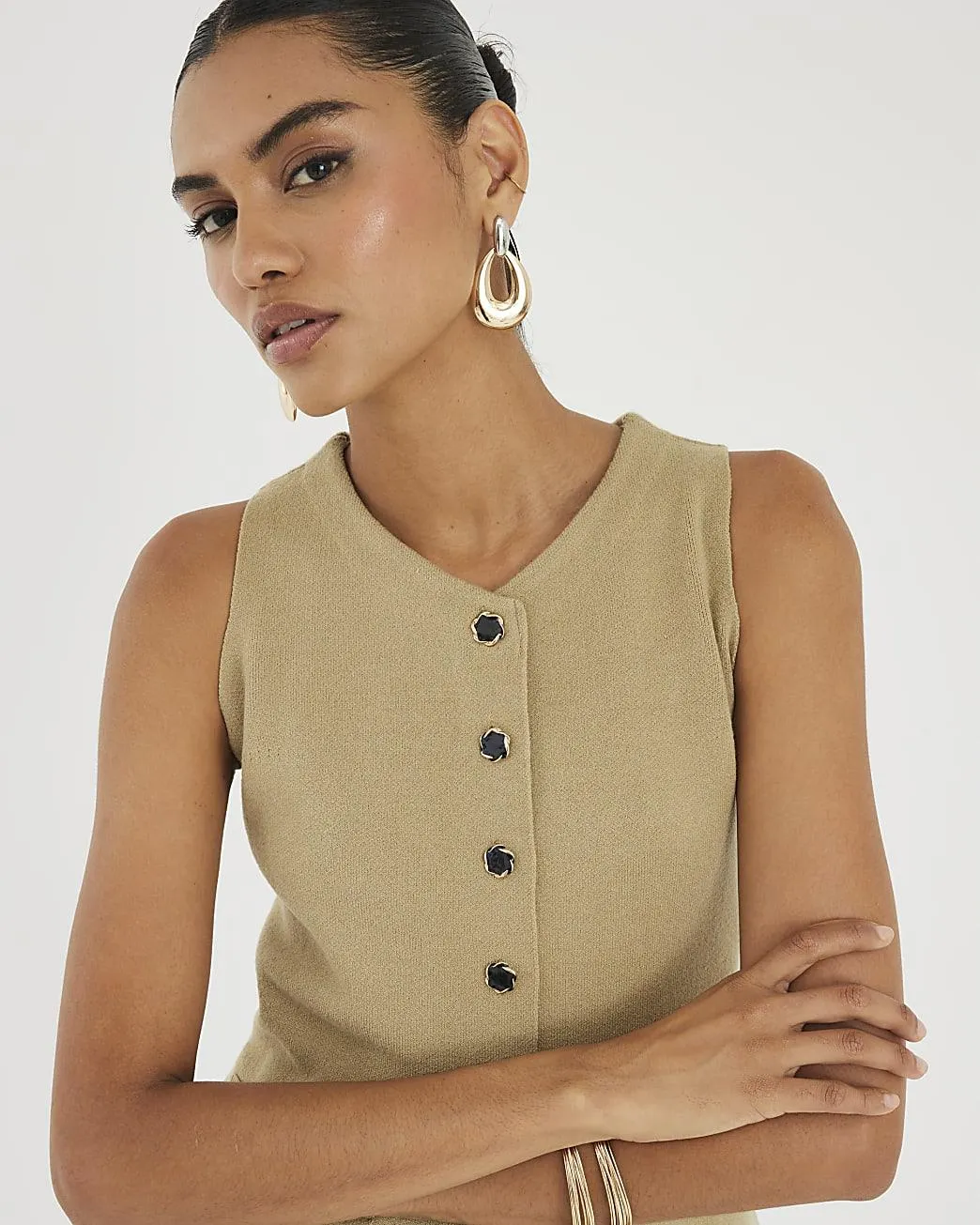 Khaki Knitted Longline Waistcoat