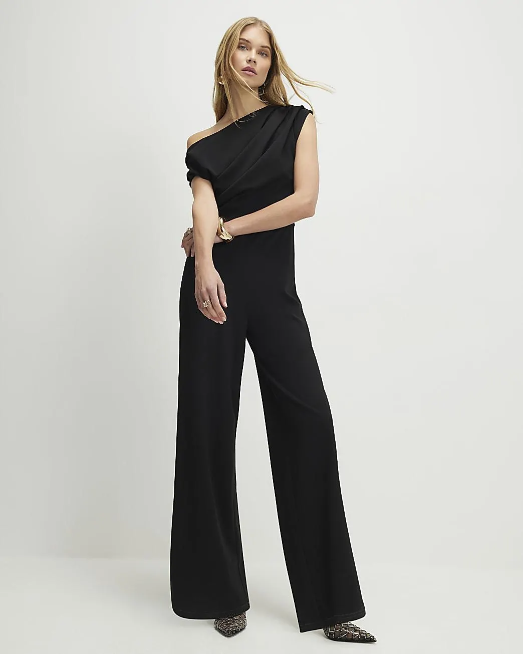 Black Sleeveless Asymmetric Drape Jumpsuit