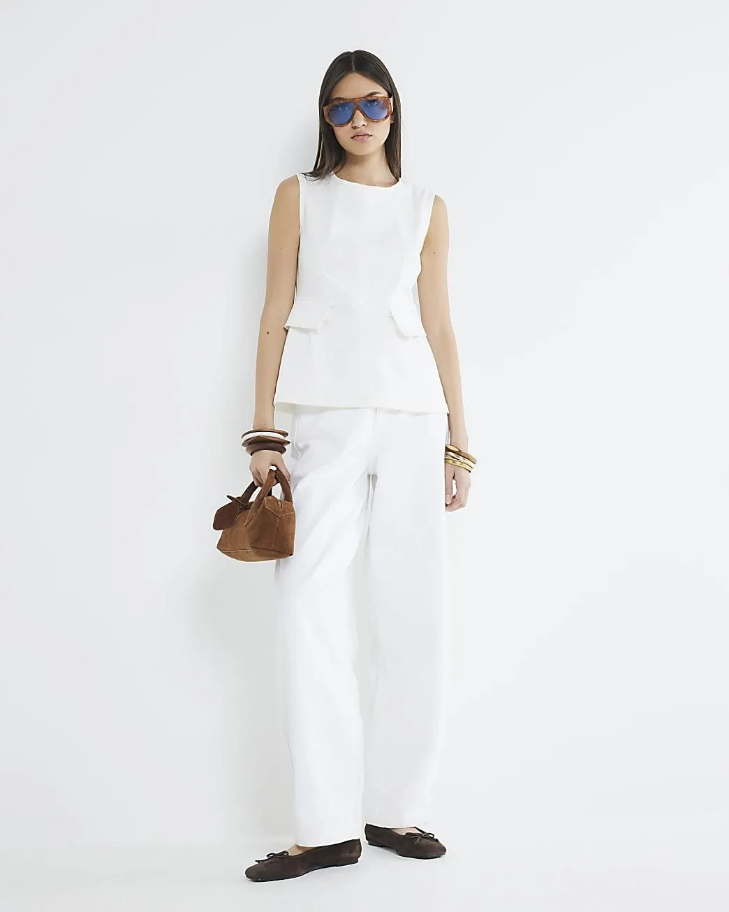 White Denim Sleeveless Peplum Top