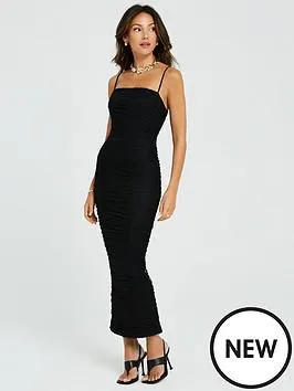 Dobby Mesh Strappy Bodycon Midi Dress - Black