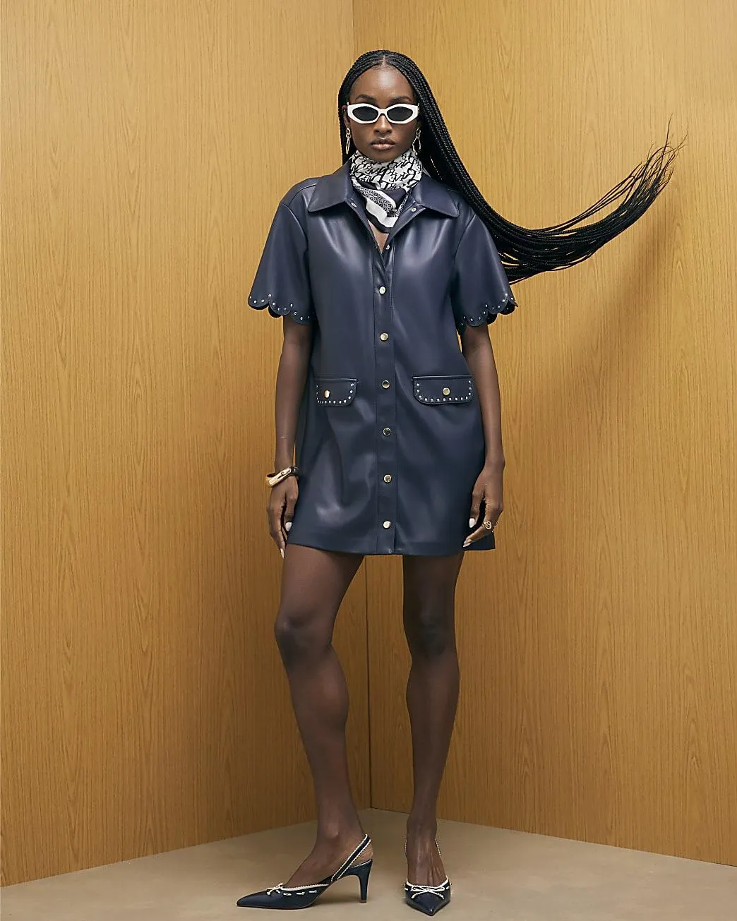 Navy Faux Leather Scallop Trim Studded Dress