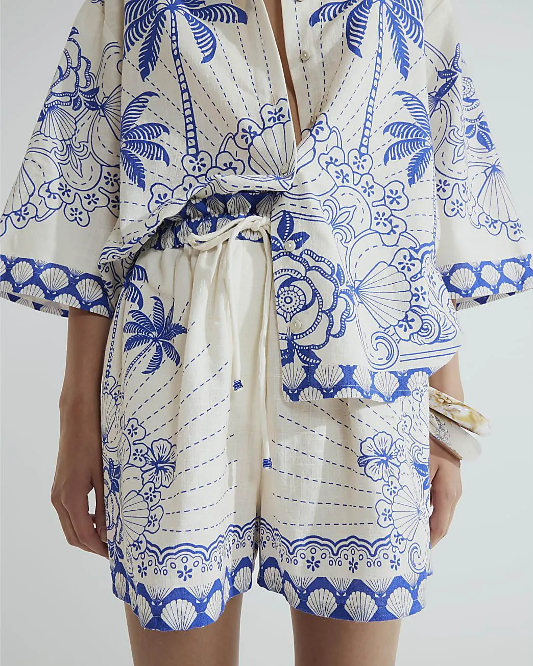 Blue Shell Printed Tie Waist Shorts