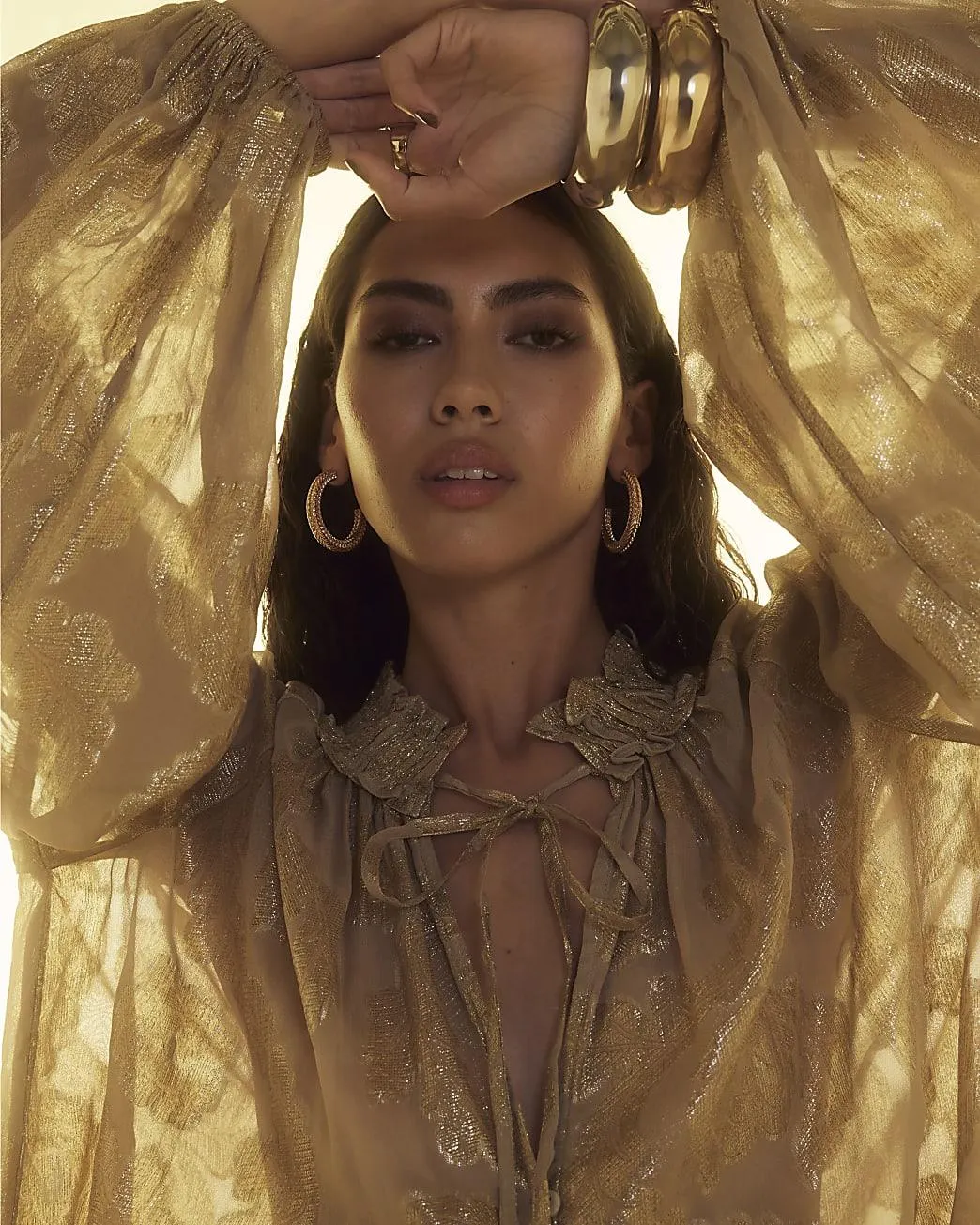 Gold Floral Long Sleeve Tie Neck Blouse