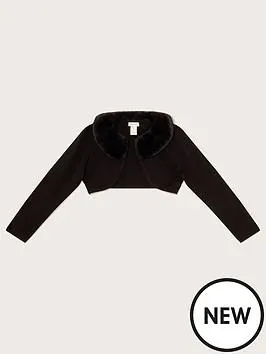 Girls Supersoft Faux Fur Collar Cardigan - Black