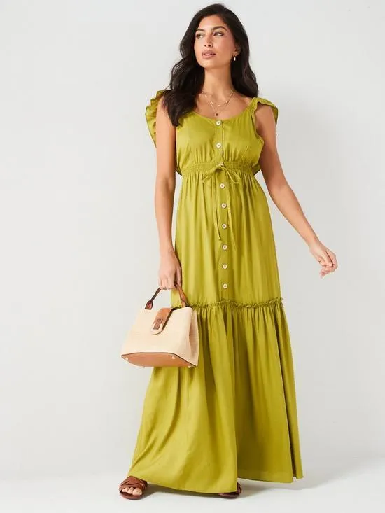 Button Front Frill Shoulder Beach Dress - Green