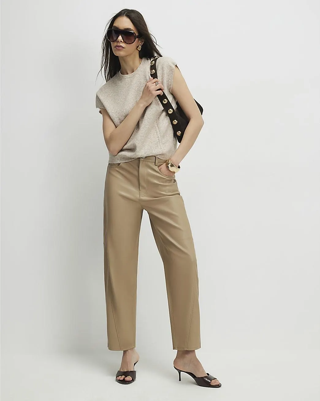 Beige Faux Leather Barrel Leg Trousers