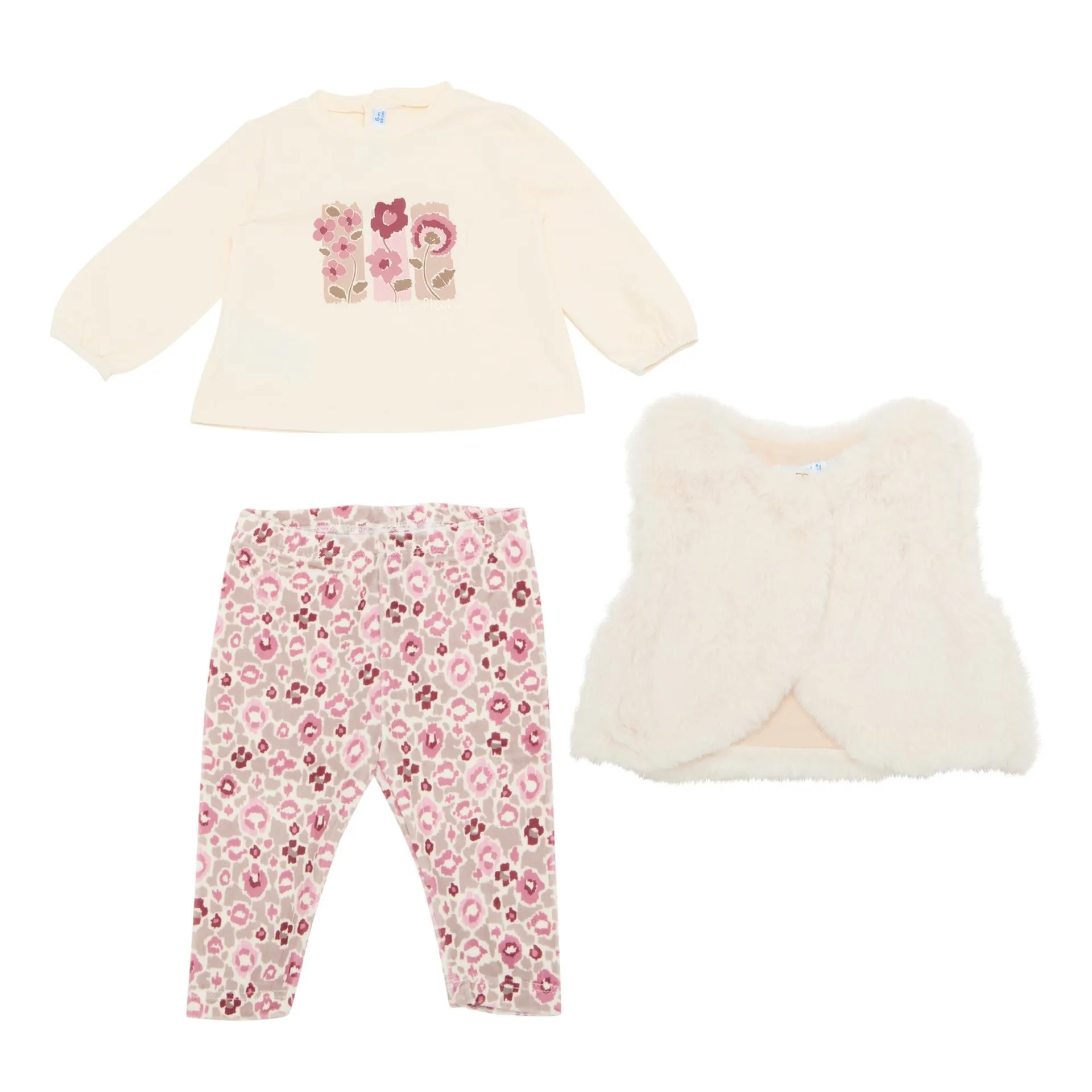 Floral Top, Leggings & Faux Fur Gilet Three-Piece Set