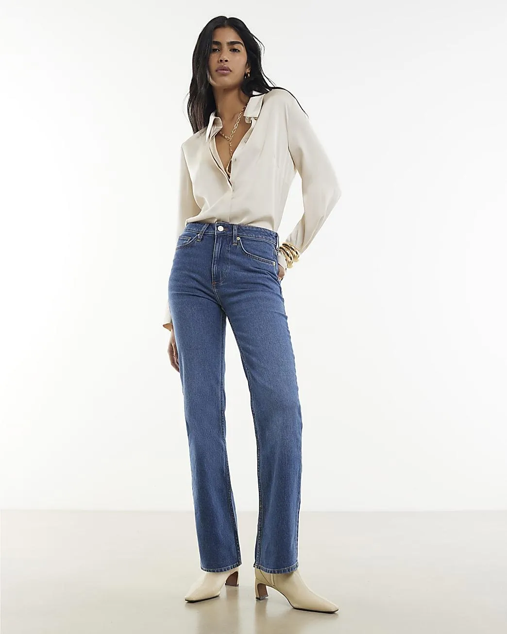 Blue High Rise Stretch Straight Leg Jeans
