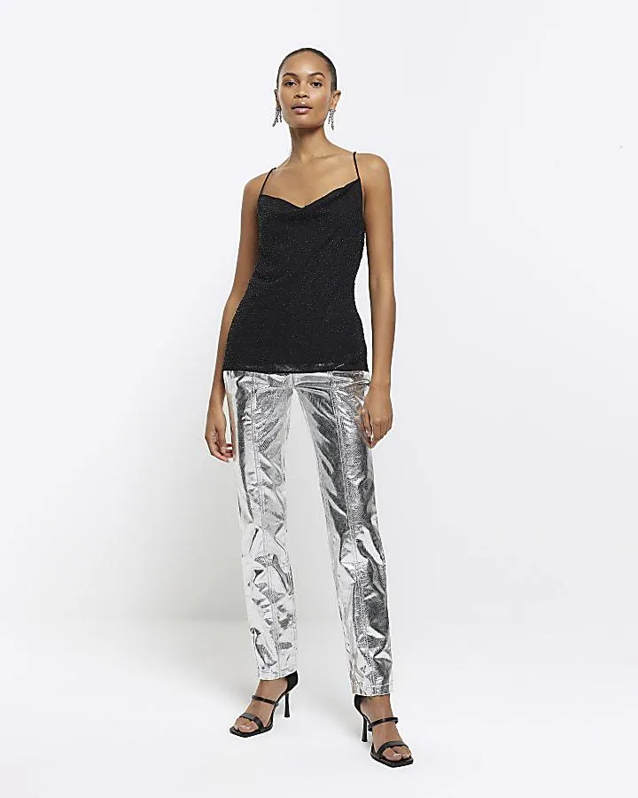 Silver metallic straight leg trousers