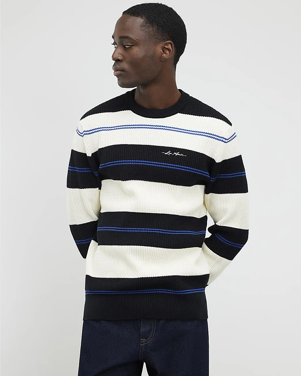 Blue Slim Fit Stripe Waffle Knitted Jumper