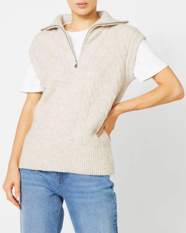 Wool Blend Cable Zip Neck Tank Vest