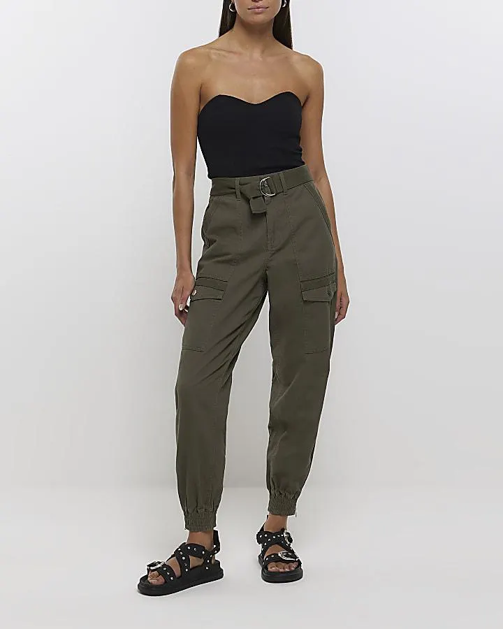 Khaki belted utility cuffed cargo trousers