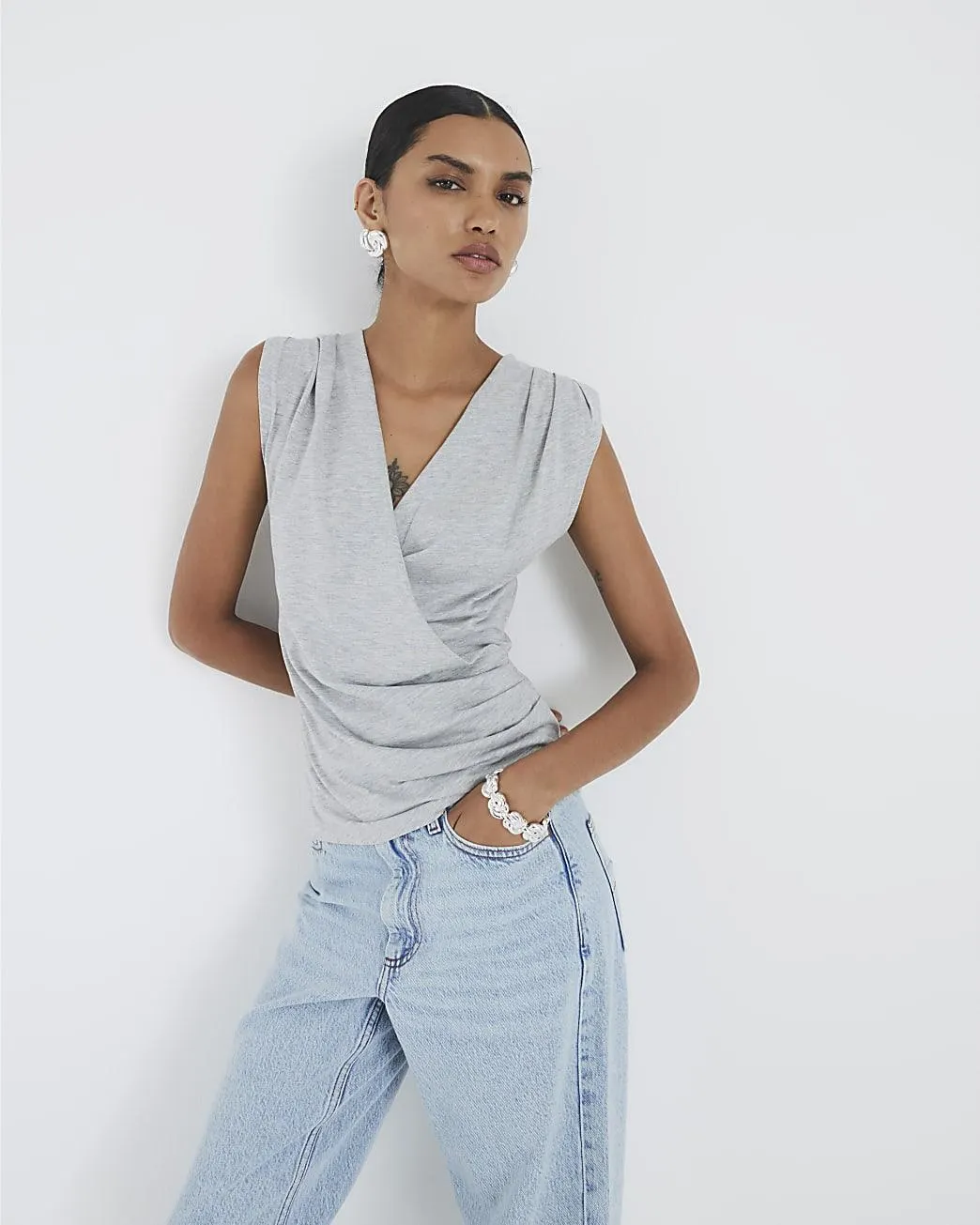 Grey Sleeveless Drape Tank Top
