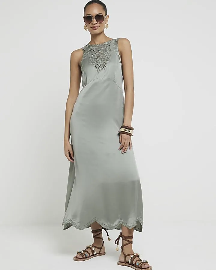 Khaki embroidered slip midi dress