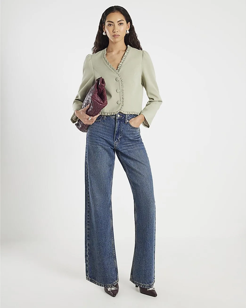 Green Long Sleeve Frilled Blazer