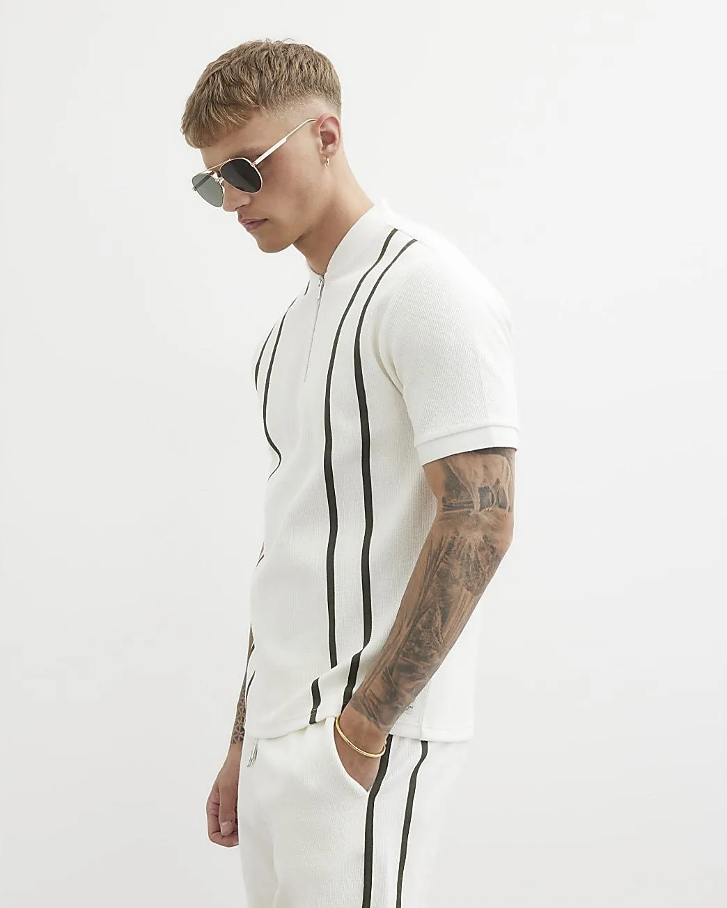 White Slim Fit Taped Baseball Polo Shirt