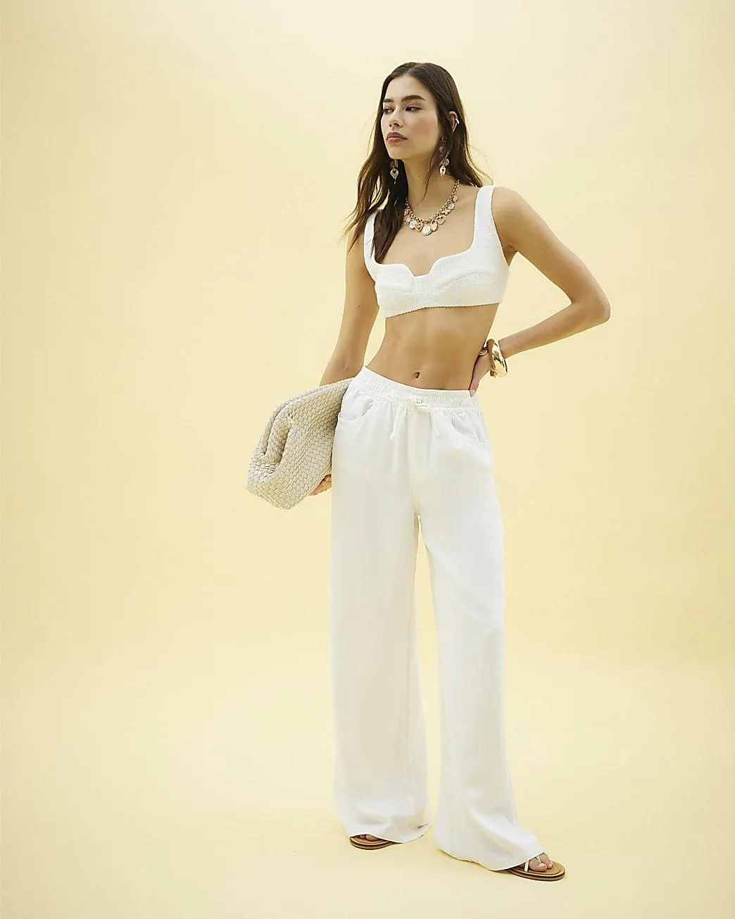 White Elasticated Pyjama Style Wide Leg Jeans