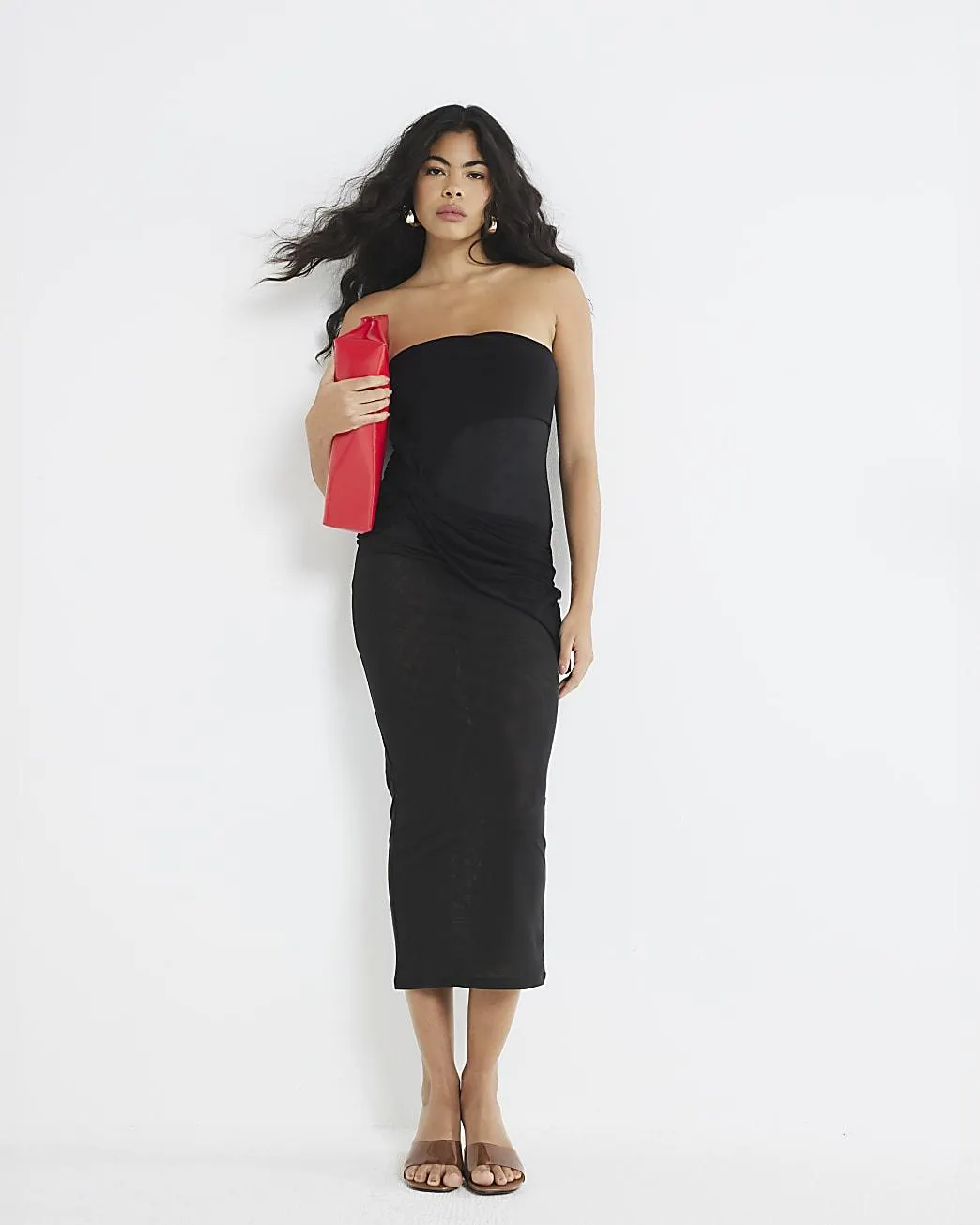 Black Bandeau Mesh Midi Dress