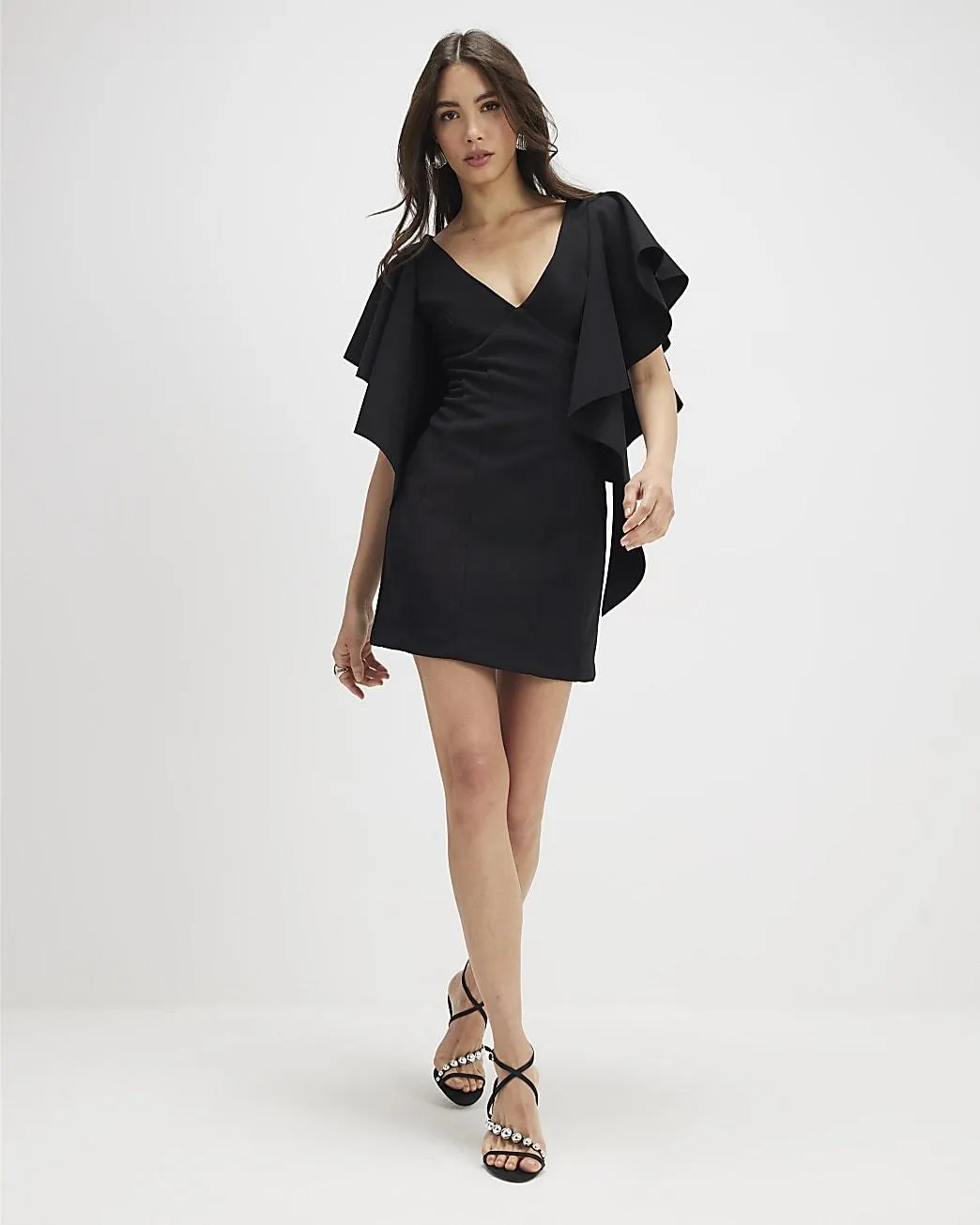 Black Sleeveless Ruffle Shoulder Mini Dress