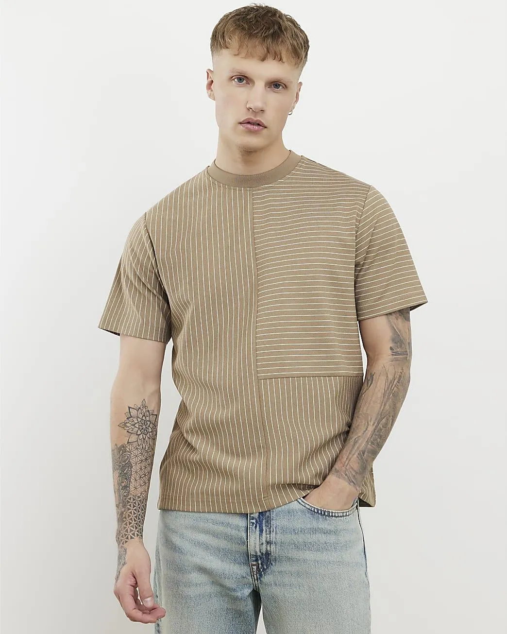 Beige Regular Fit Stripe T-Shirt