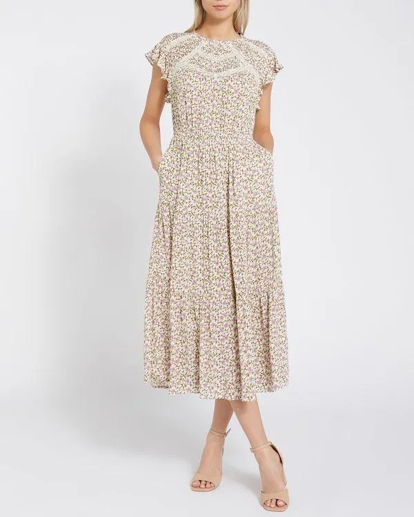 Lace Insert Printed Midi Dress