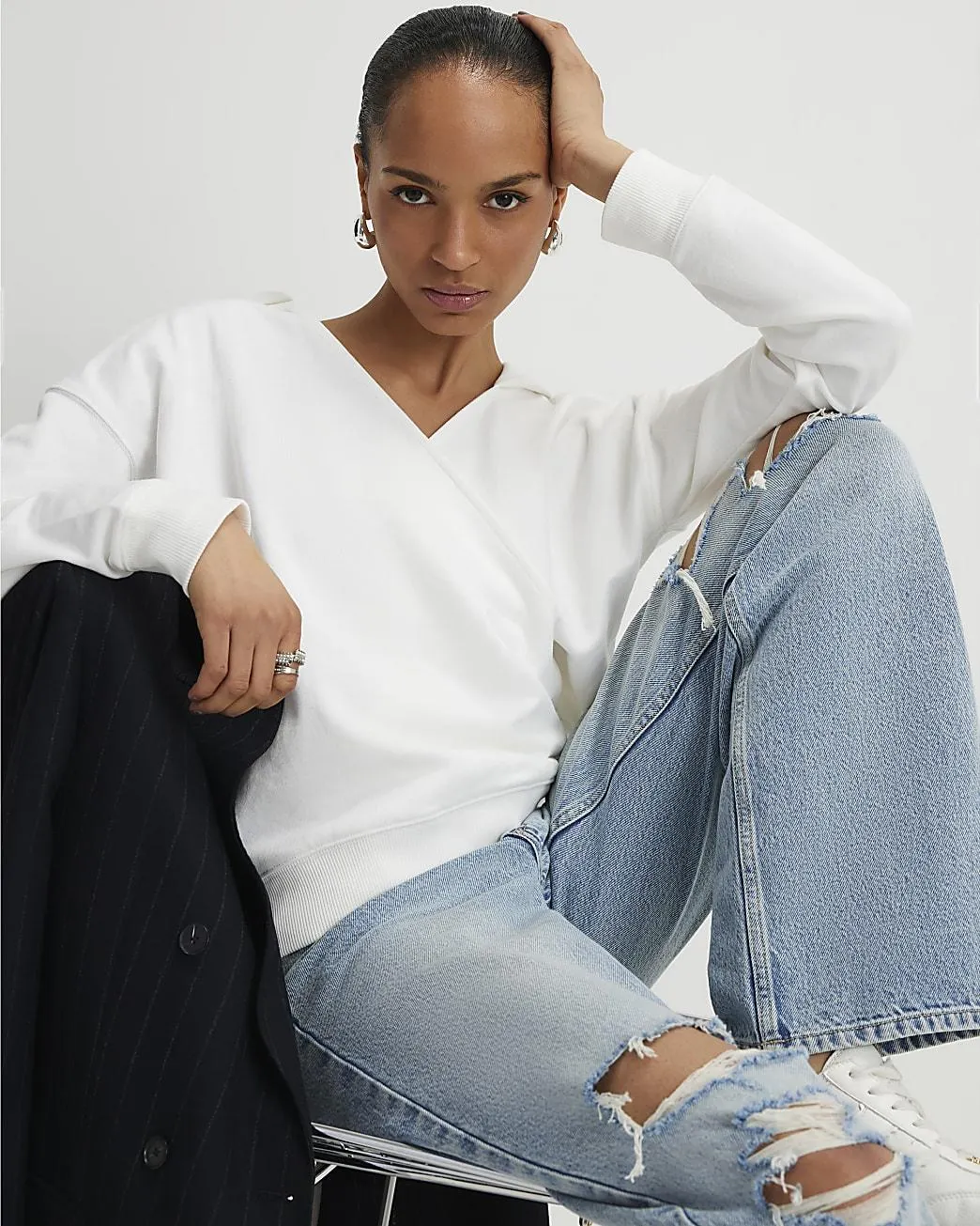 Cream Long Sleeve Wrap Front Hoodie