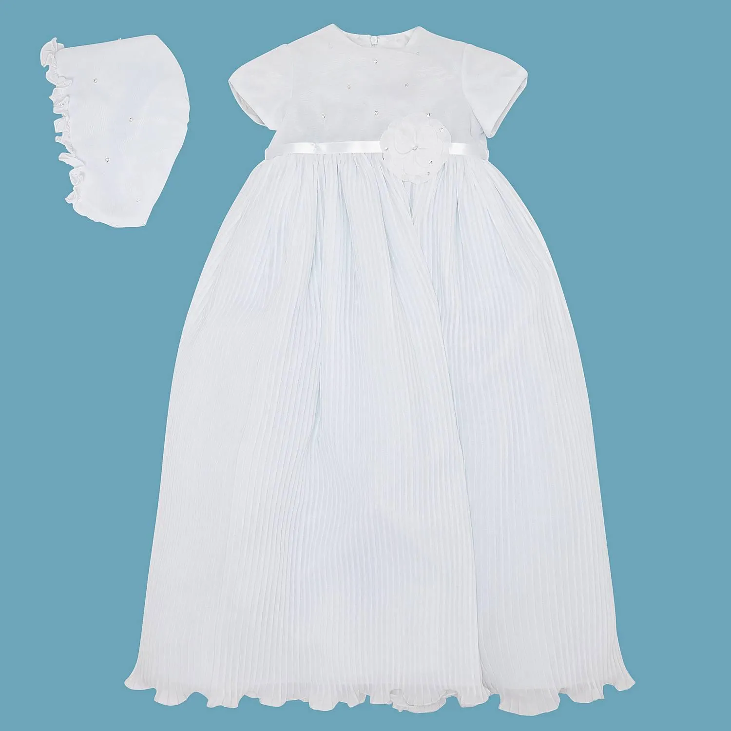 Pleated Christening Gown And Bonnet