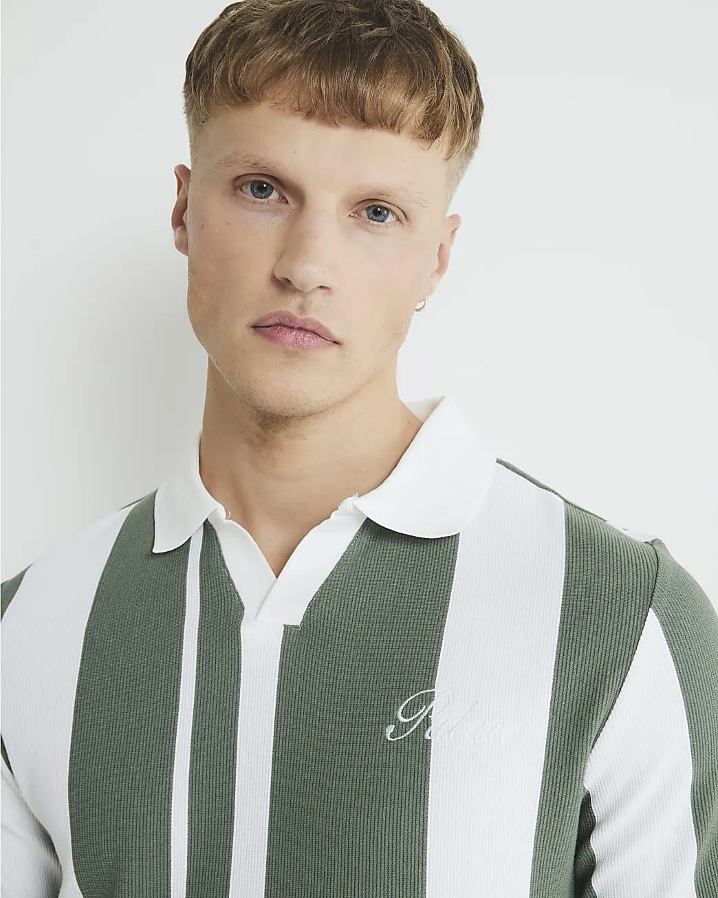 Khaki Slim Fit Open Neck Stripe Polo Shirt