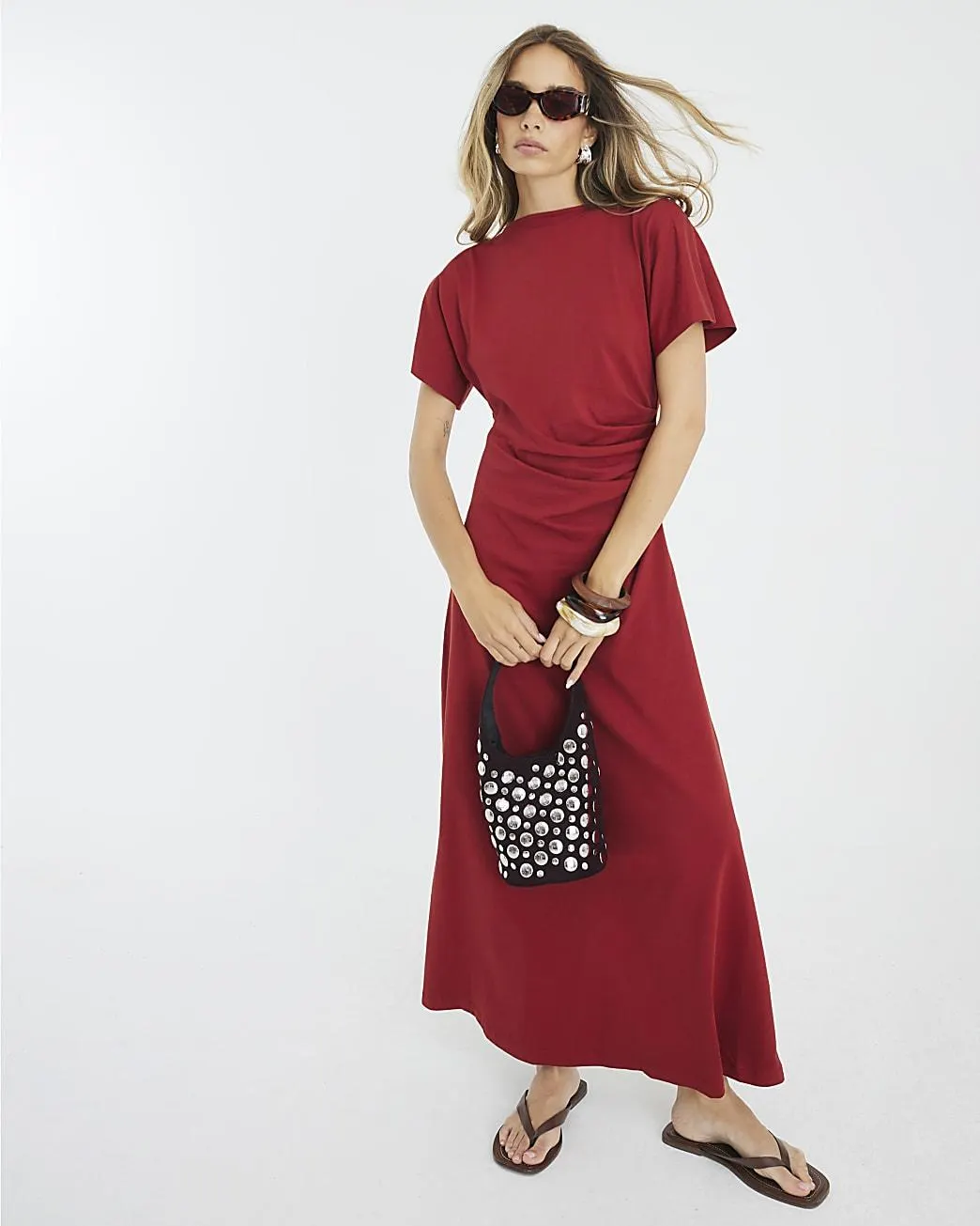 Red Short Sleeve Drape Side Midi Dress