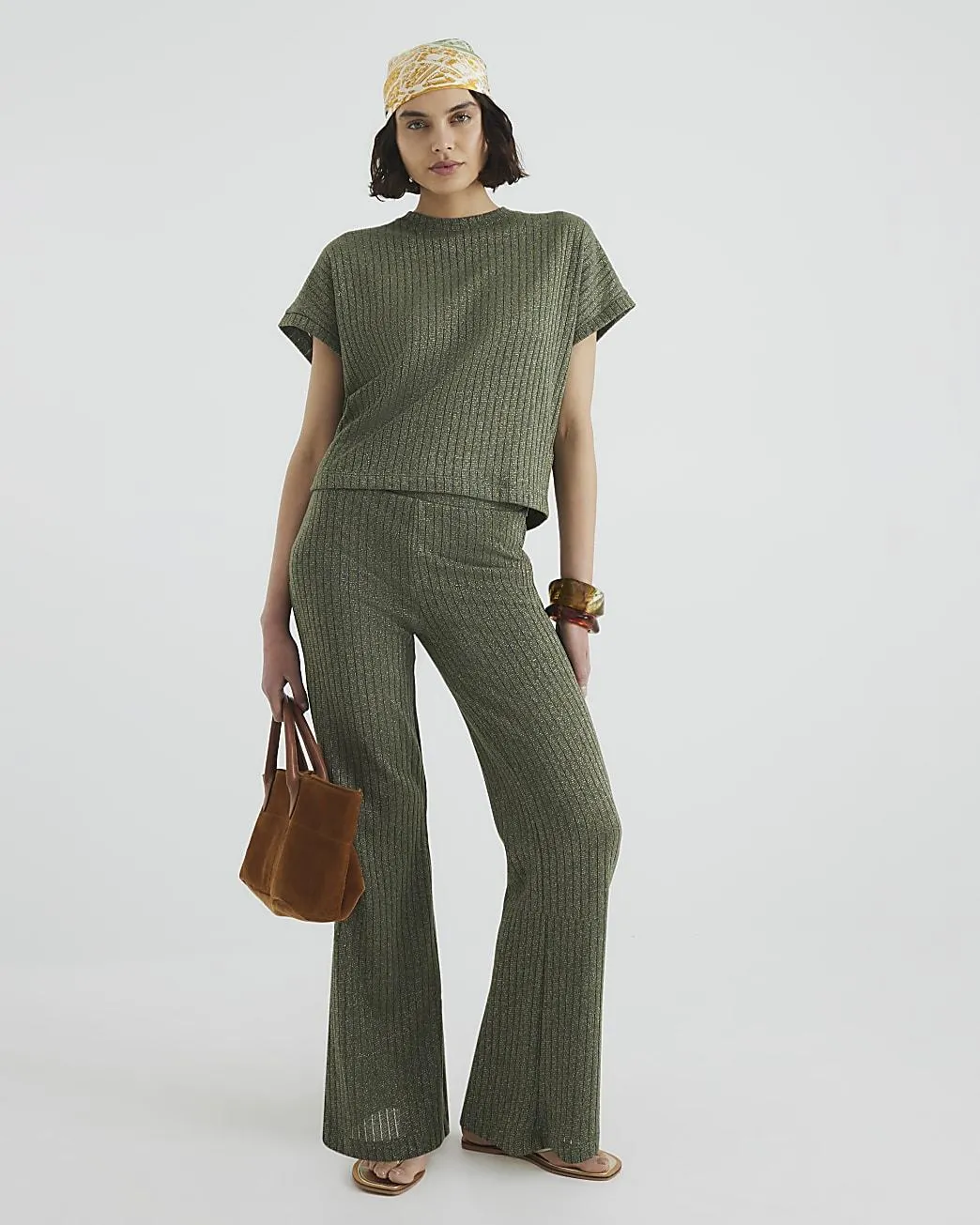 Khaki Knit Ribbed Glitter Wide Leg Trousers