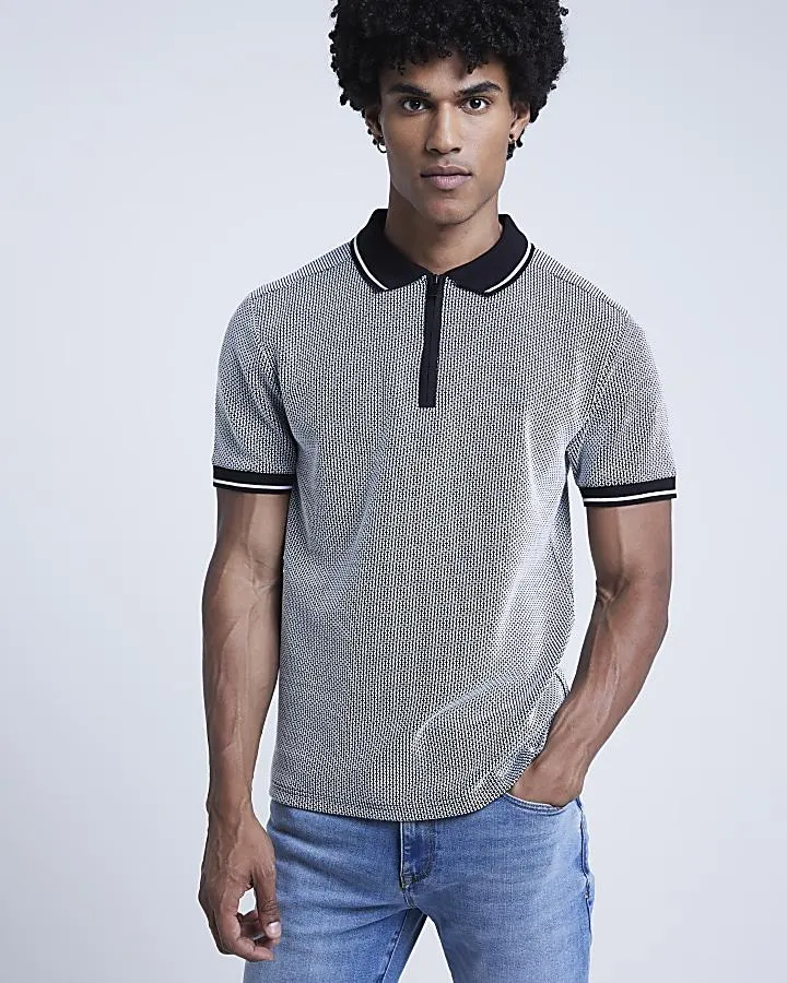 Black slim fit jacquard half zip polo
