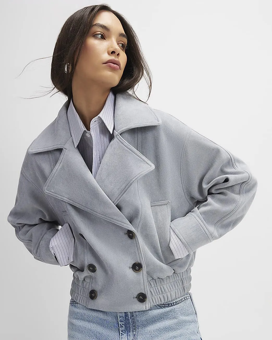 Blue Faux Suede Collared Bomber Jacket