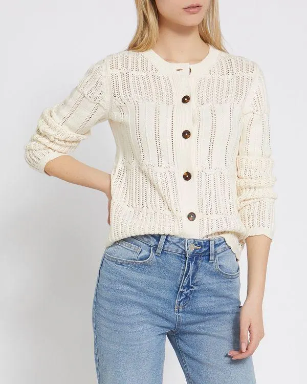 Button Front Cream Stitch Cardigan