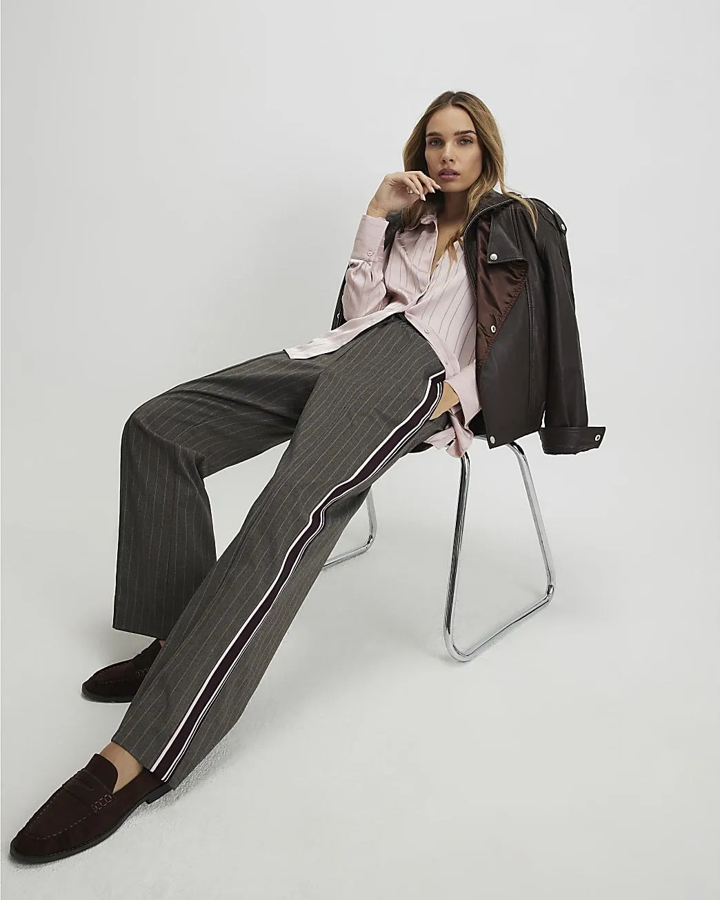 Brown Pinstripe Wide leg Joggers