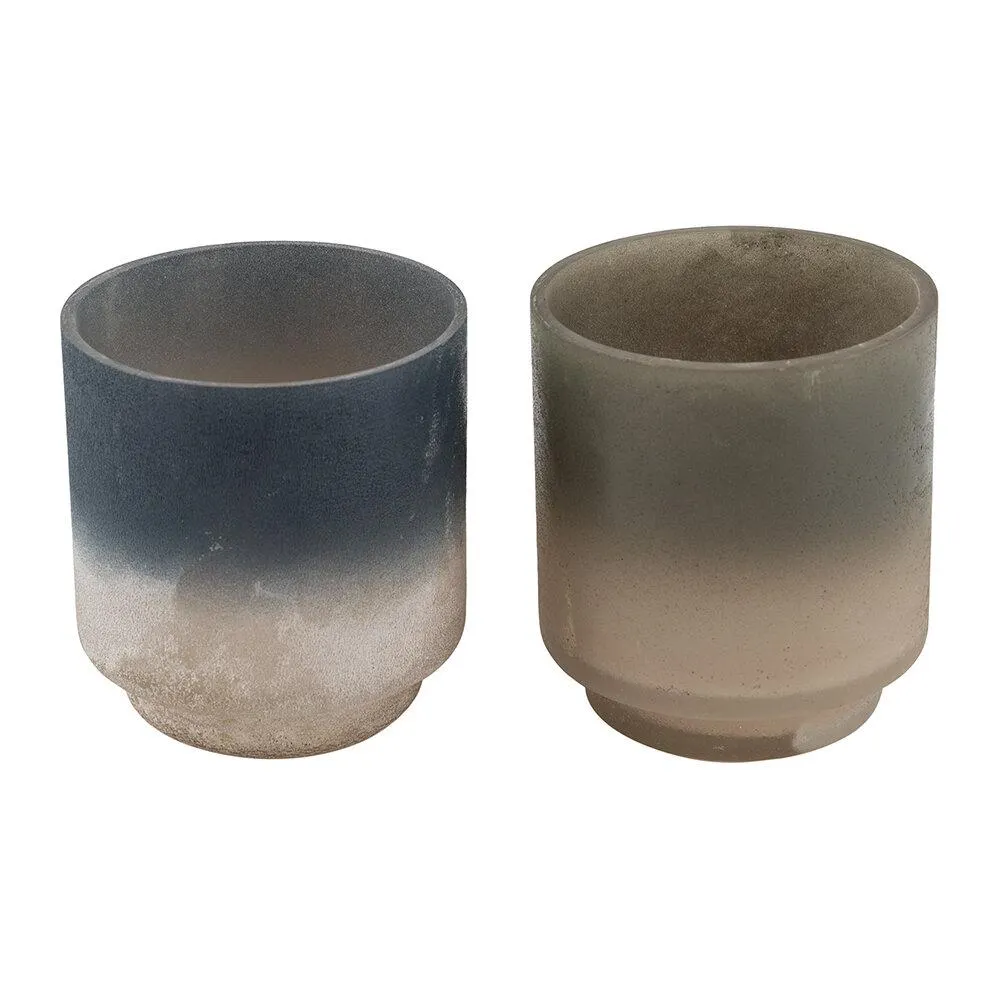 Footed Coloured Buried Glass Tealight Holder - Set of 2 - Blue/Green