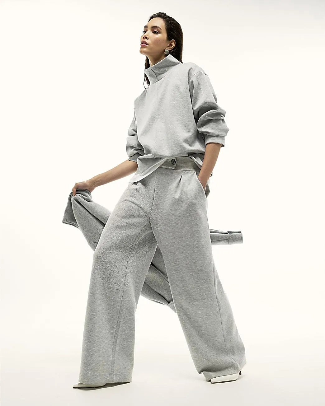 Grey Tailored Jersey Wide Leg Trousers