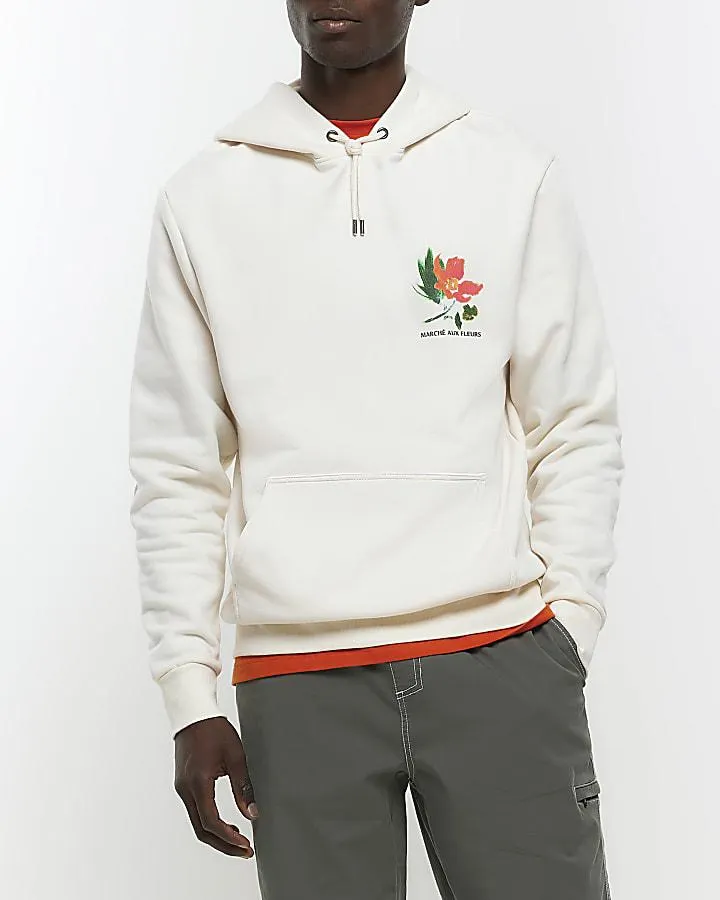 Ecru regular fit graphic floral hoodie