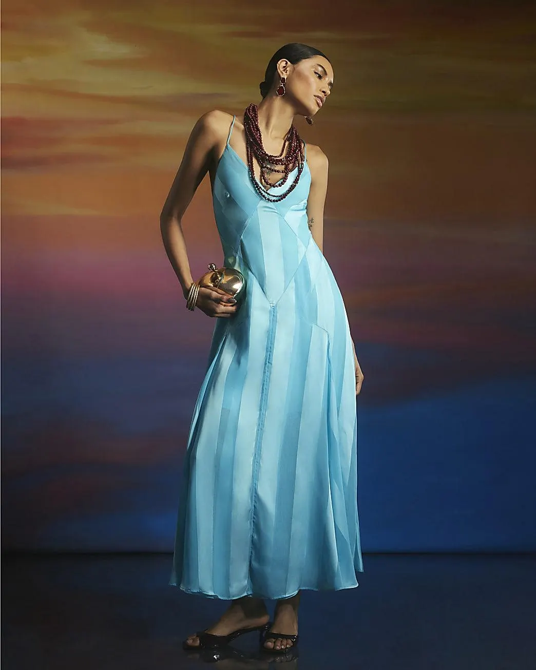 Blue Stripe Chiffon Maxi Cami Slip Dress