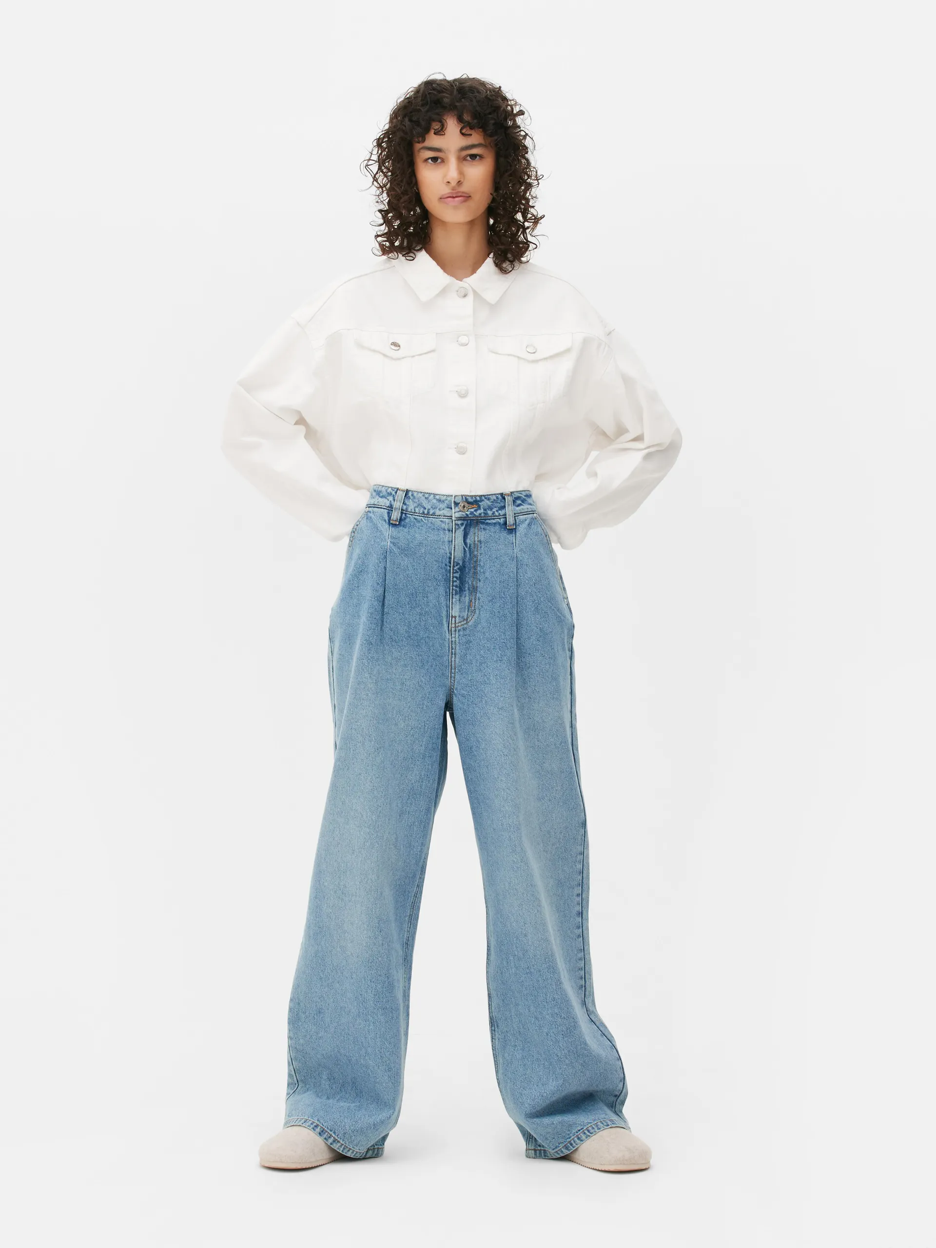 Pleat Front Wide Leg Jeans