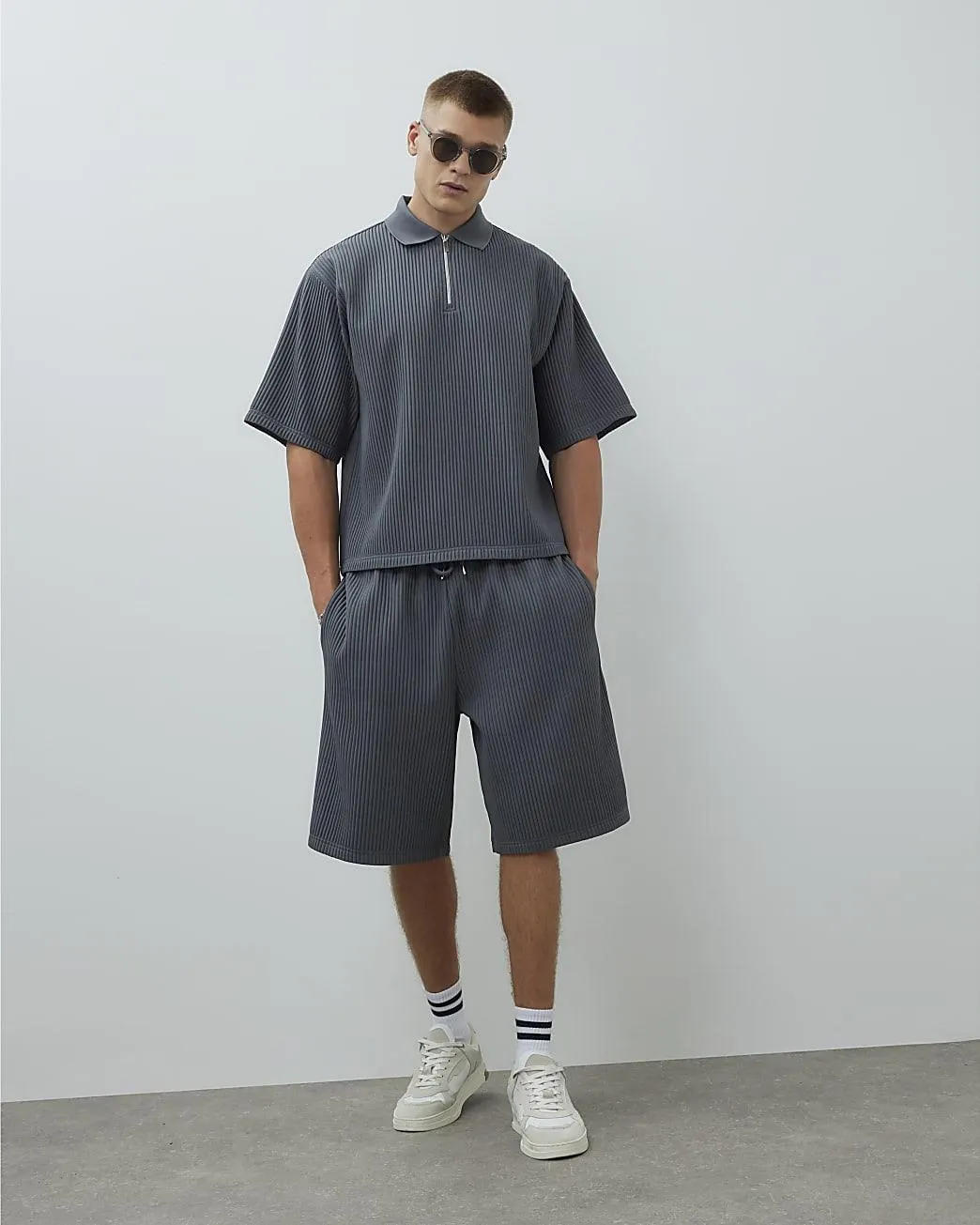 Grey Oversized Fit Plisse Shorts