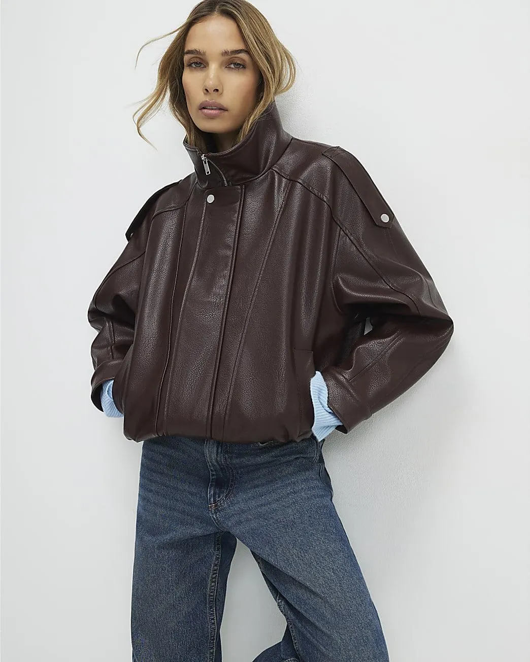 Brown Faux Leather Funnel Neck Jacket