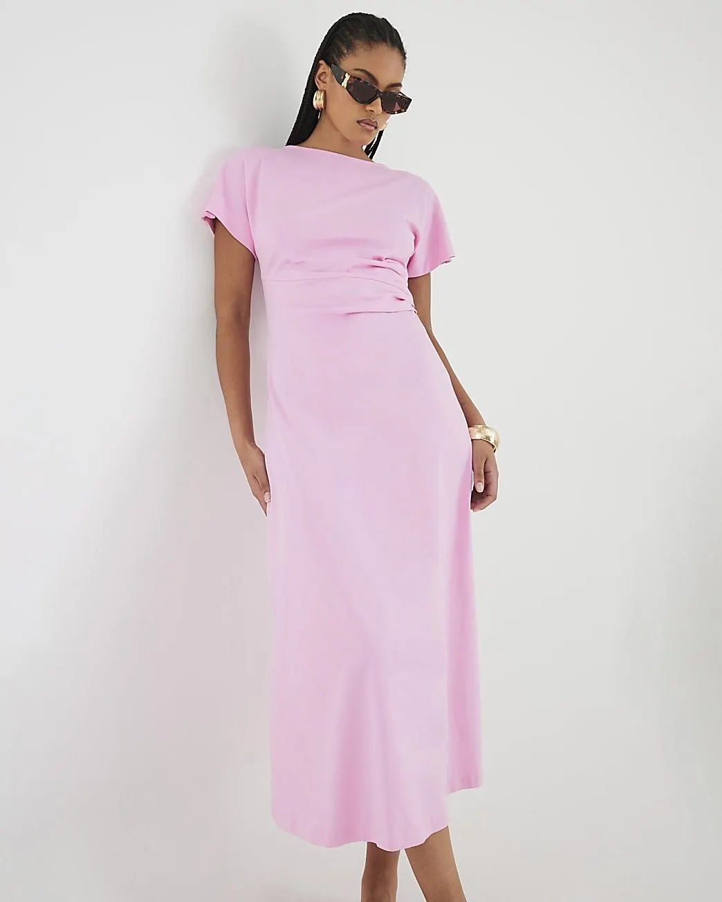Pink Short Sleeve Drape Side Midi Dress