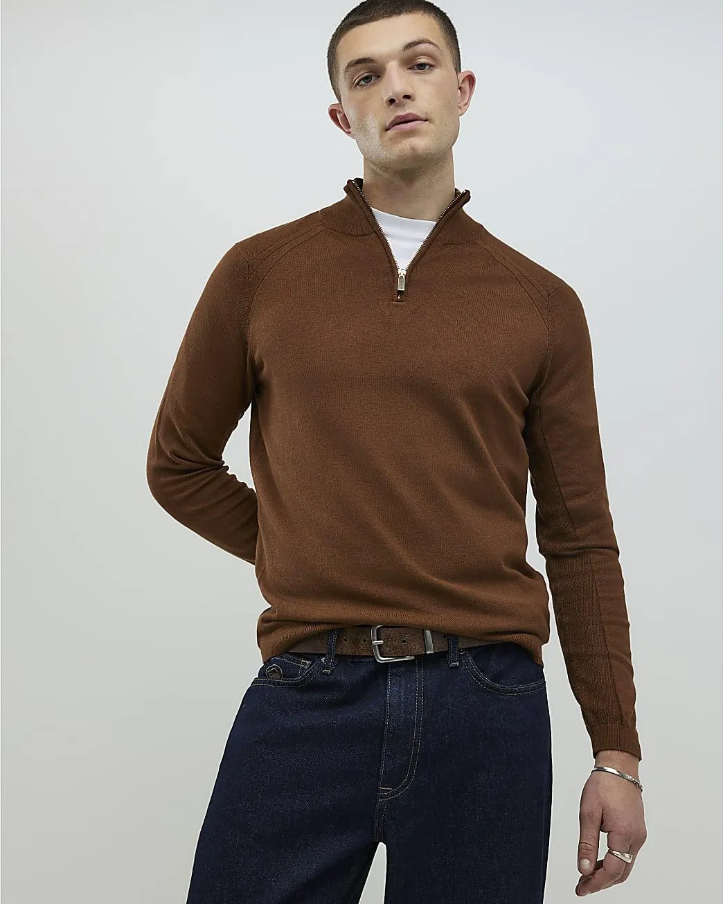 Brown Slim Fit Half Zip Jumpers