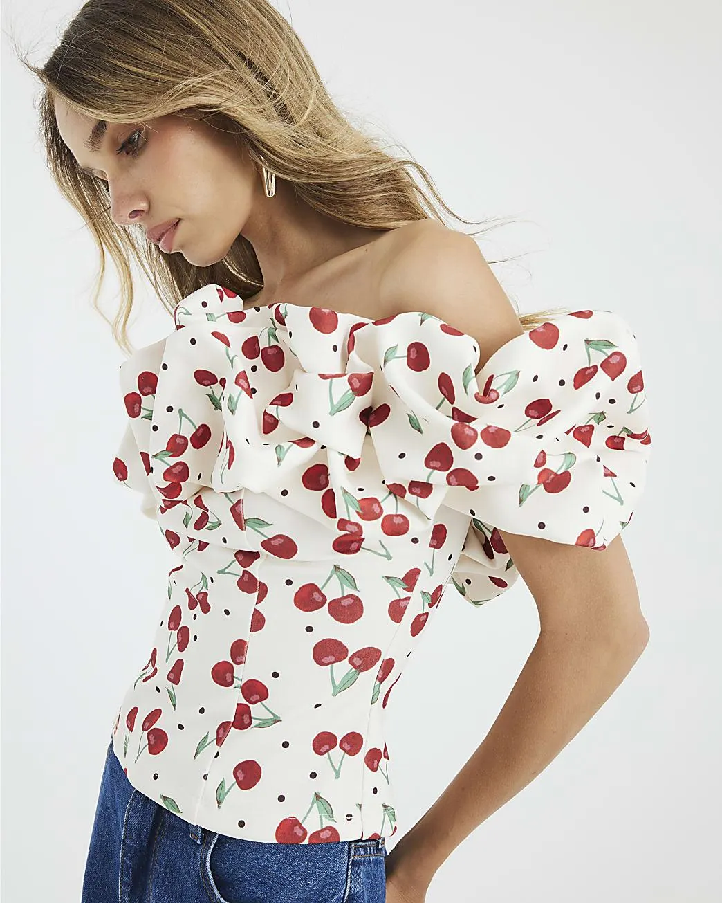Cream Cherry Print Ruffle Bardot Top