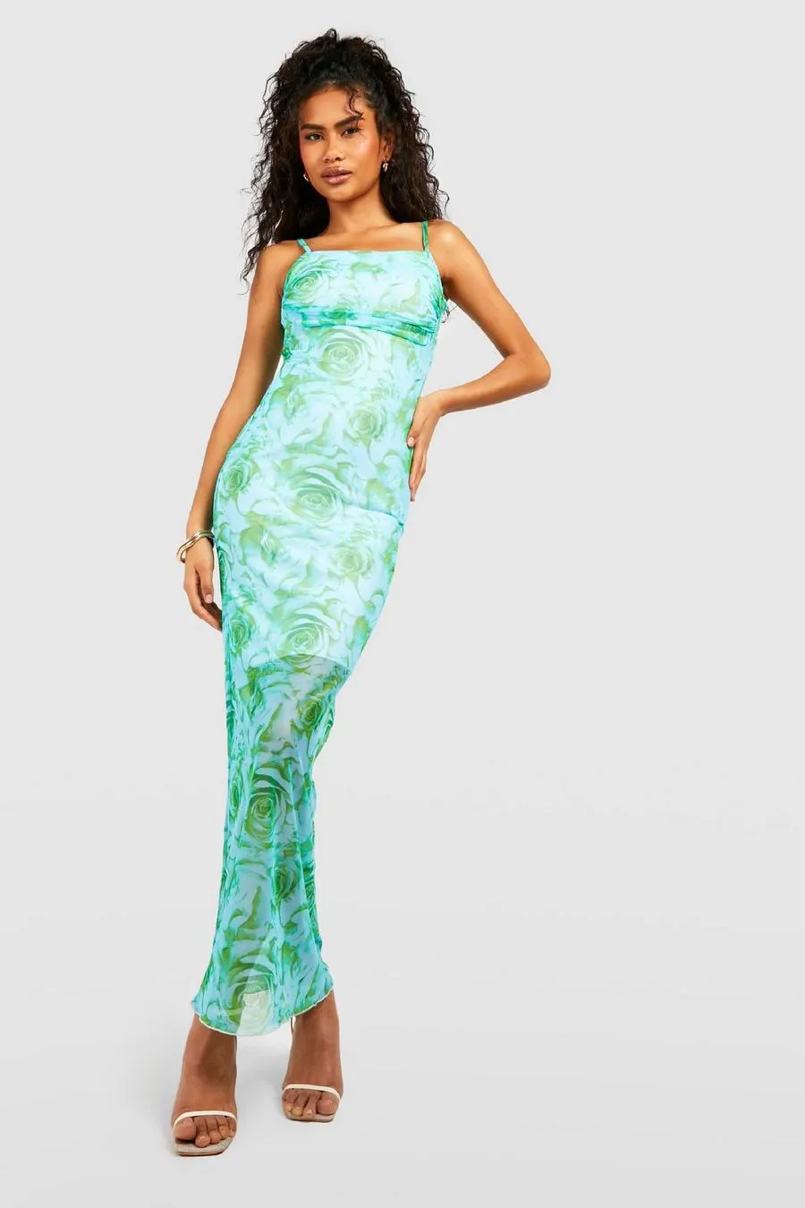 Floral Print Mesh Maxi Slip Dress